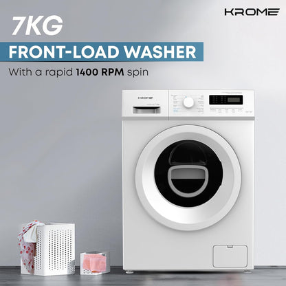 KROME 7Kg 1400 RPM Front Loading Washing Machine, LED Display with BLDC Inverter Motor, 12 Wash Programs, 4 Star Energy Efficient with Variable Temperature Setting, White - KR-WFL70SI