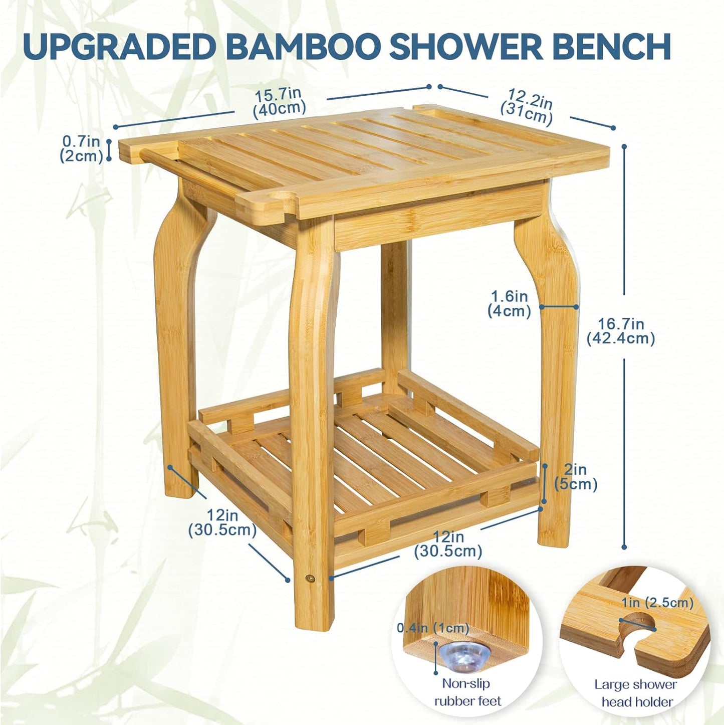 KingPavonini 2-Tier Bamboo Shower Bench for Inside Shower Shaving Legs, 25 Inch Waterproof Bathroom Bench Shower Stool with Storage Shelf, Safe & Stable for Seniors Adults Disabled Women (Black)