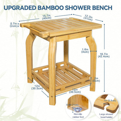 KingPavonini 2-Tier Bamboo Shower Bench for Inside Shower Shaving Legs, 25 Inch Waterproof Bathroom Bench Shower Stool with Storage Shelf, Safe & Stable for Seniors Adults Disabled Women (Black)