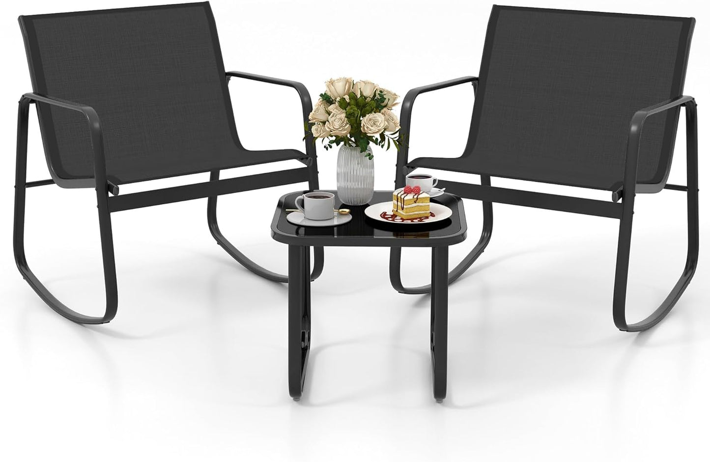 DWVO 3 Piece Patio Furniture Set Outdoor Textilene Bistro Set Modern Porch Furniture Patio Chairs Set of 2 with Coffee Table for Backyard, Lawn, Garden, Balcony, Poolside - Black