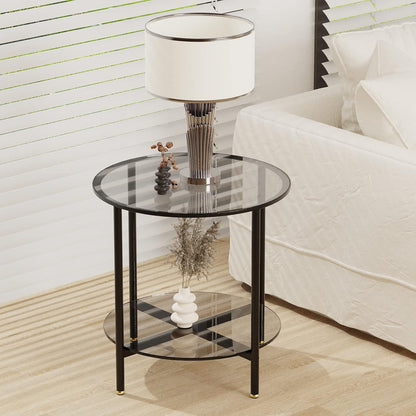 Wisfor Glass Round Side Table Small: 2 Tiers Modern Accent Tables Circle Diameter 50cm Slim Bedside Tables Gray Tinted Tempered Glass Top with Black Metal Frame for Home Office Furniture Decorative