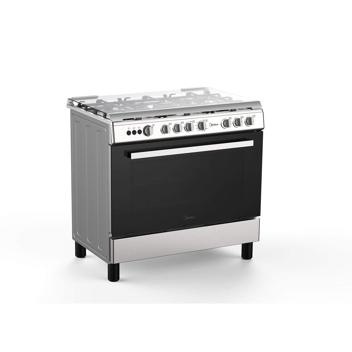 Midea 90x60cm Freestanding Cooker, Full Gas Cooking Range with 5 Burners, Automatic Ignition & Full Safety, Cast Iron Pan Support, Stainless Steel Finish, Separate Knob for Oven & Grill, LME95028FFD