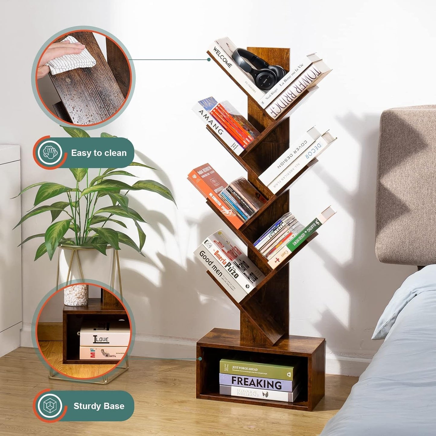 Tree Bookshelf - 6 Shelf Retro Floor Standing Bookcase, Tall Wood Book Storage Rack for CDs/Movies/Books, Utility Book Organizer Shelves for Bedroom, Living Room, Home Office