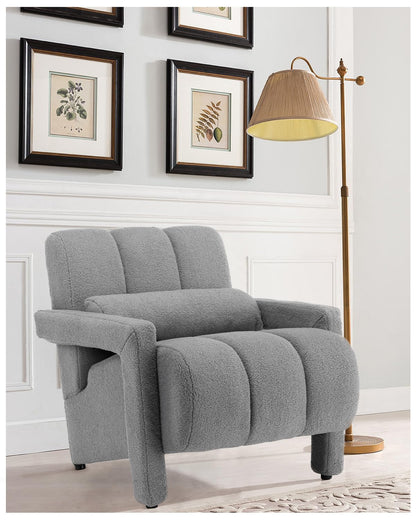 LOULENS Lambswool Accent Chair, Modern Upholstered Sherpa Accent Chair, Comfy Teddy Single Armchair with Pillow for Living Room, Bedroom (Grey, Backrest Under The Cushion)