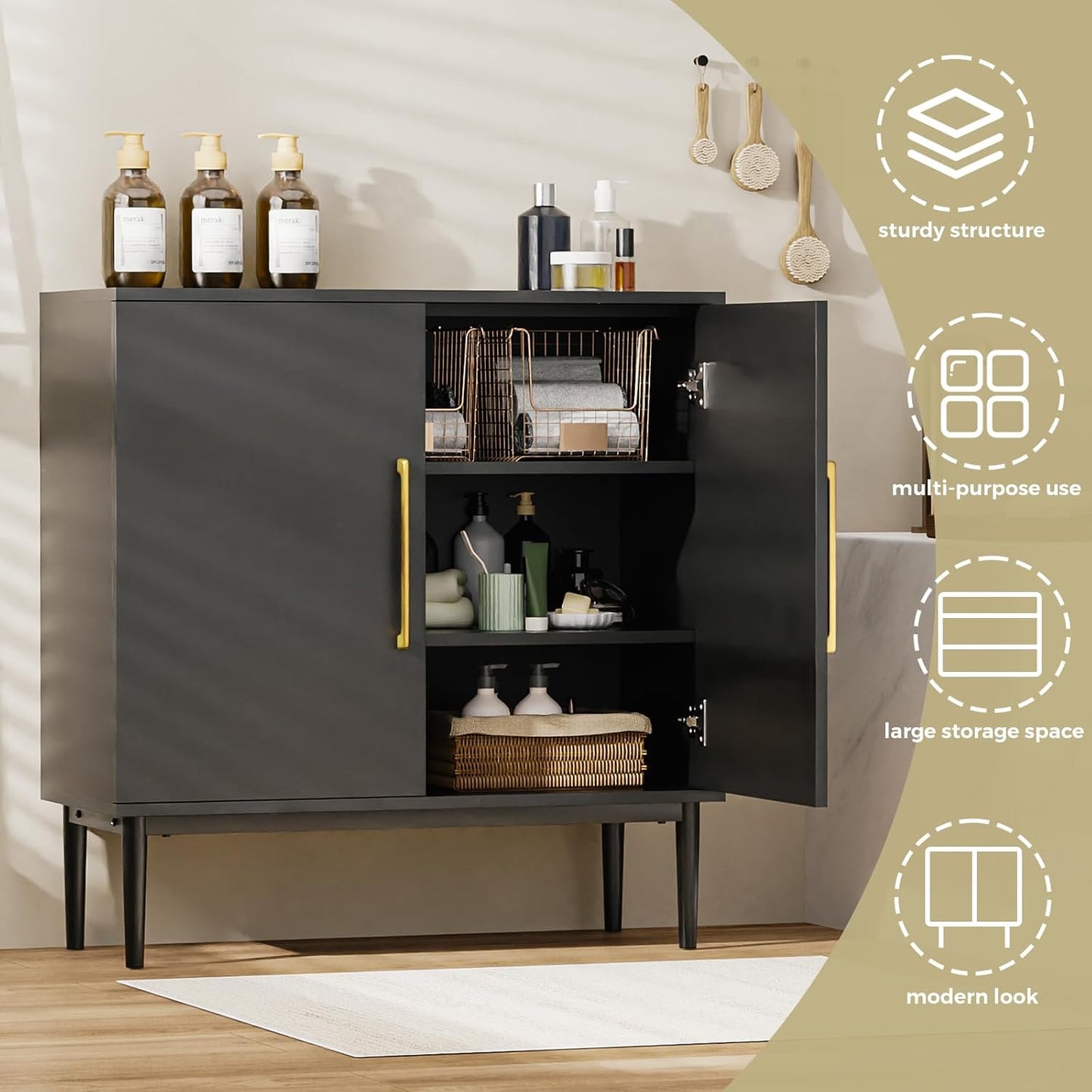 REHOOPEX Balck Storage Cabinet, Modern Buffet Cabinet with Two Adjustable Shelve, Free Standing Sideboard and Buffet Storage, Wood Cabinet for Living Room, Kitchen, Bedroom or Hallway (Two Shelves)