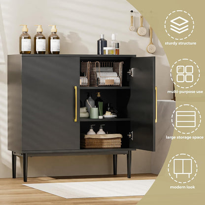 REHOOPEX Balck Storage Cabinet, Modern Buffet Cabinet with Two Adjustable Shelve, Free Standing Sideboard and Buffet Storage, Wood Cabinet for Living Room, Kitchen, Bedroom or Hallway (Two Shelves)