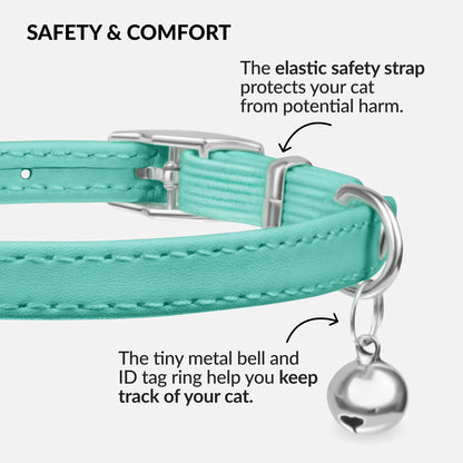 CollarDirect Leather Cat Collar with Elastic Safety Strap and Bell for Boy, Girl, Kitten (Neck Fit 9"-11", White)