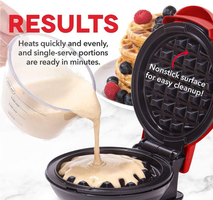 Beauenty 350W Mini 4 Inch Waffle Maker Machine for Individuals, kids party, Paninis, Hash Browns, Other On the Go Breakfast, Lunch,or Snacks, with Easy to Clean, Non-Stick Sides (Red)