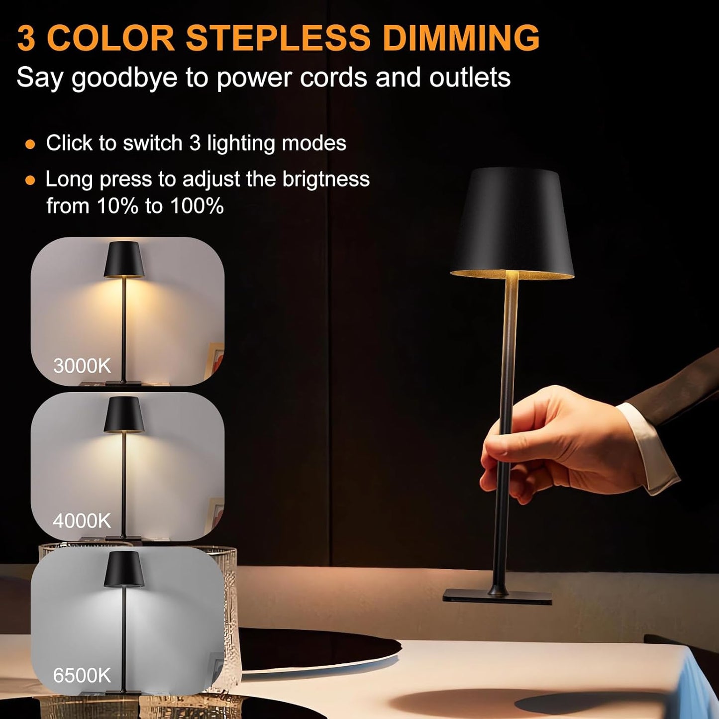 sunseatop Cordless Table Lamp,Rechargeable Black Desk lamp 5000mAh Battery Operated Table Light Metal Shell Touch Lamps for Bedrooms Restaurant Bars Party Camping Coffee Shop