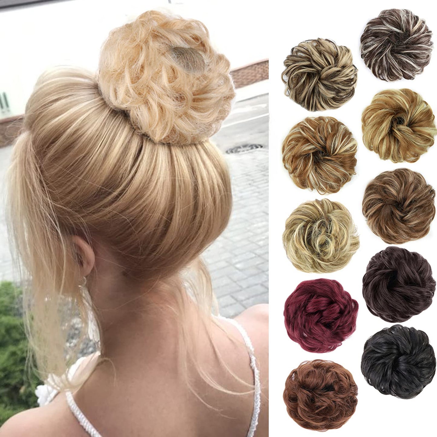 MORICA 1PCS Messy Hair Bun Hair Scrunchies Extension Curly Wavy Messy Synthetic Chignon for Women (12AH613(Light Golden Brown & Lightest Blonde))