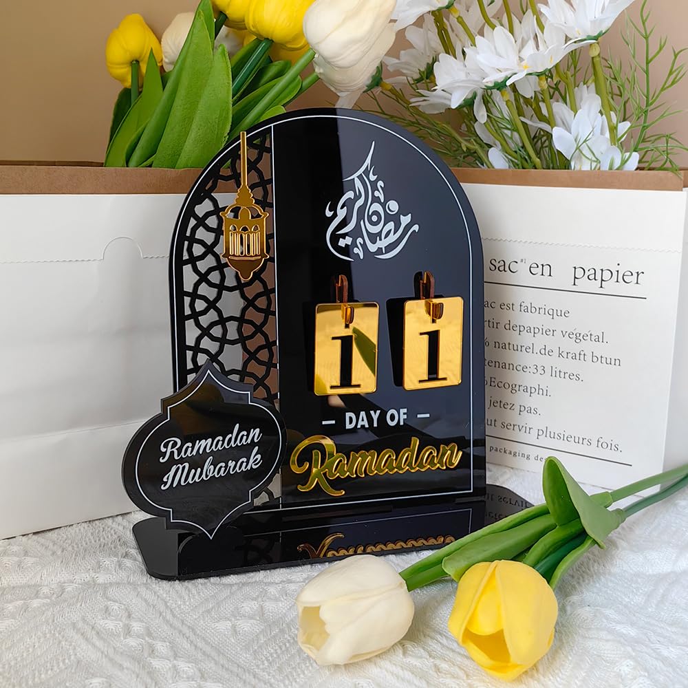 Ramadan Calendar Table Decorations Ramadan Countdown Acrylic Gifts Ramadan Kareem Decorations for Home Party Decor (Black)