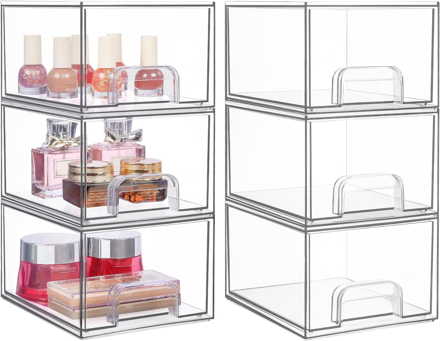 Vtopmart 4 Pack Clear Stackable Storage Drawers, 4.4'' Tall Acrylic Bathroom Makeup Organizer,Plastic Storage Bins For Vanity, Undersink, Kitchen Cabinets, Pantry, Home Organization and Storage