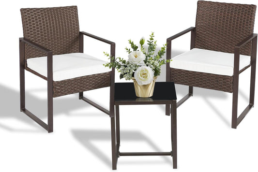 VSMKSJ 3 Pieces Patio Furniture Set Outdoor Wicker Bistro Set Rattan Chair Conversation Sets with Coffee Table for Porch, Balcony,Garden,Backyard and Removable Cushions Beige