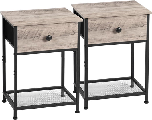 AMHANCIBLE-Nightstands Set of 2, End Tables Living Room with Drawer, Industrial Side Tables with Storage Shelf, Night Stands for Bedroom, Wood Metal Accent Furniture Grey