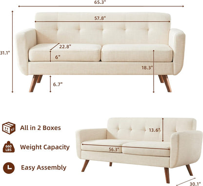 Tbfit 67" W Loveseat Sofa, Mid Century Modern Decor Love Seat Couches for Living Room, Button Tufted Upholstered Small Couch for Bedroom, Solid and Easy to Install Love Seats Furniture, Beige