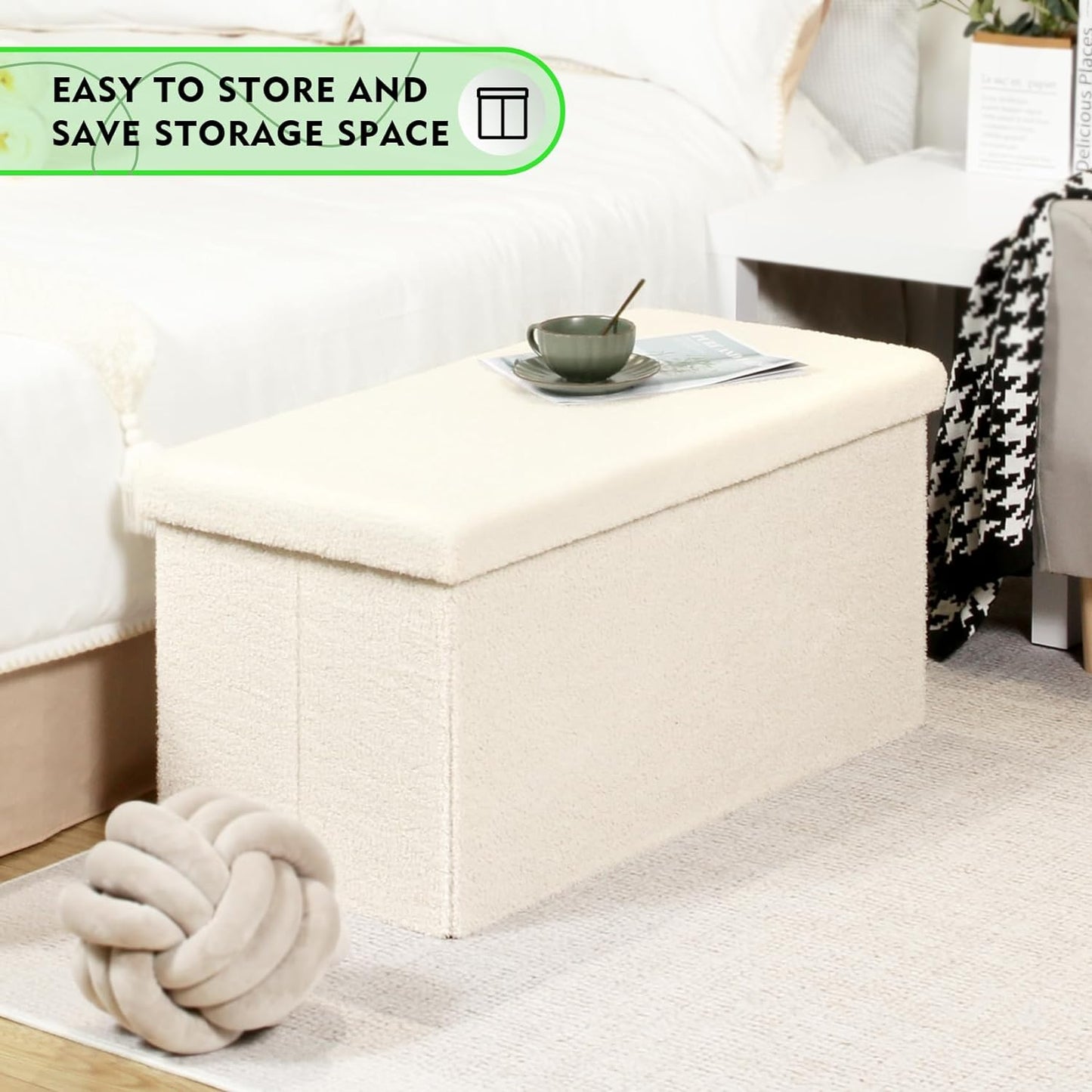 PINPLUS Storage Ottoman Foot Rest Stool, White Folding Sherpa Ottoman, Ottoman with Storage, Teddy Velvet Ottoman for Living Room, Bedroom, Dorm, 16.5" x 12.6" x 12.6"