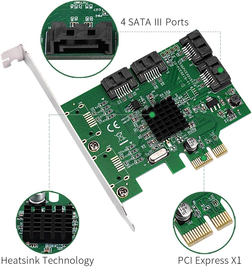 I/O Crest 4 Port SATA III PCI-e 2.0 x1 Controller Card Marvell 9215 Non-Raid with Low Profile Bracket SI-PEX40064