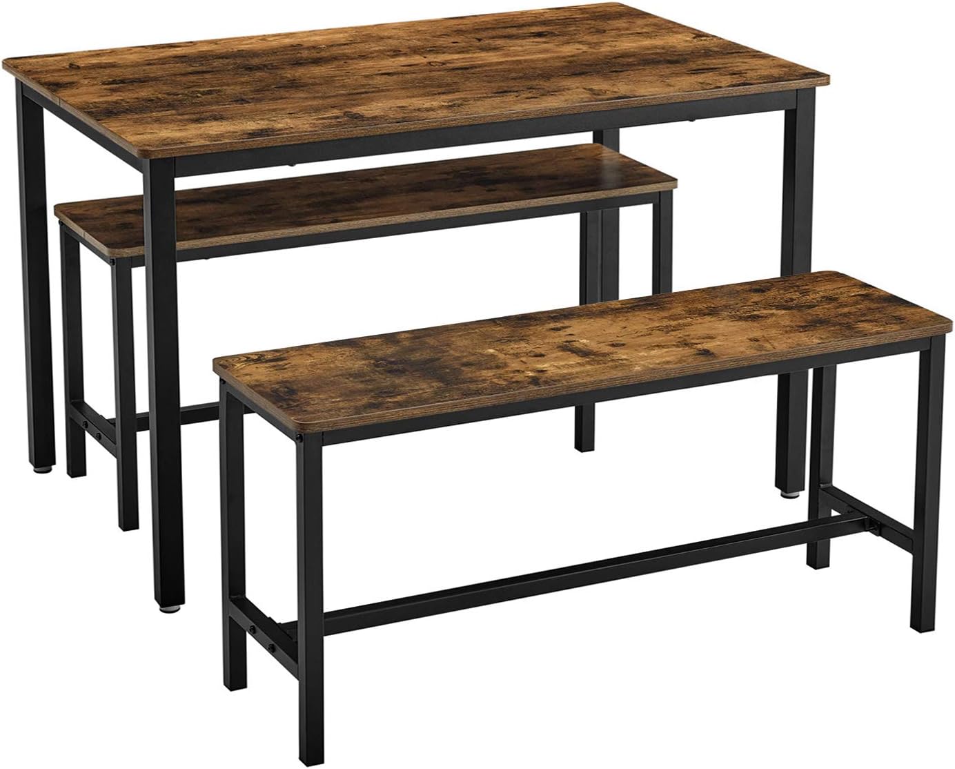 Vasagle Dining Table With 2 Benches, 3 Pieces Set, Kitchen Table Of 110 X 70 X 75 Cm, 2 Benches Of 97 X 30 X 50 Cm Each, Steel Frame, Industrial Design, Rustic Brown And Black Kdt070B01