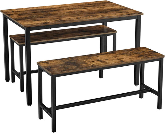 Vasagle Dining Table With 2 Benches, 3 Pieces Set, Kitchen Table Of 110 X 70 X 75 Cm, 2 Benches Of 97 X 30 X 50 Cm Each, Steel Frame, Industrial Design, Rustic Brown And Black Kdt070B01