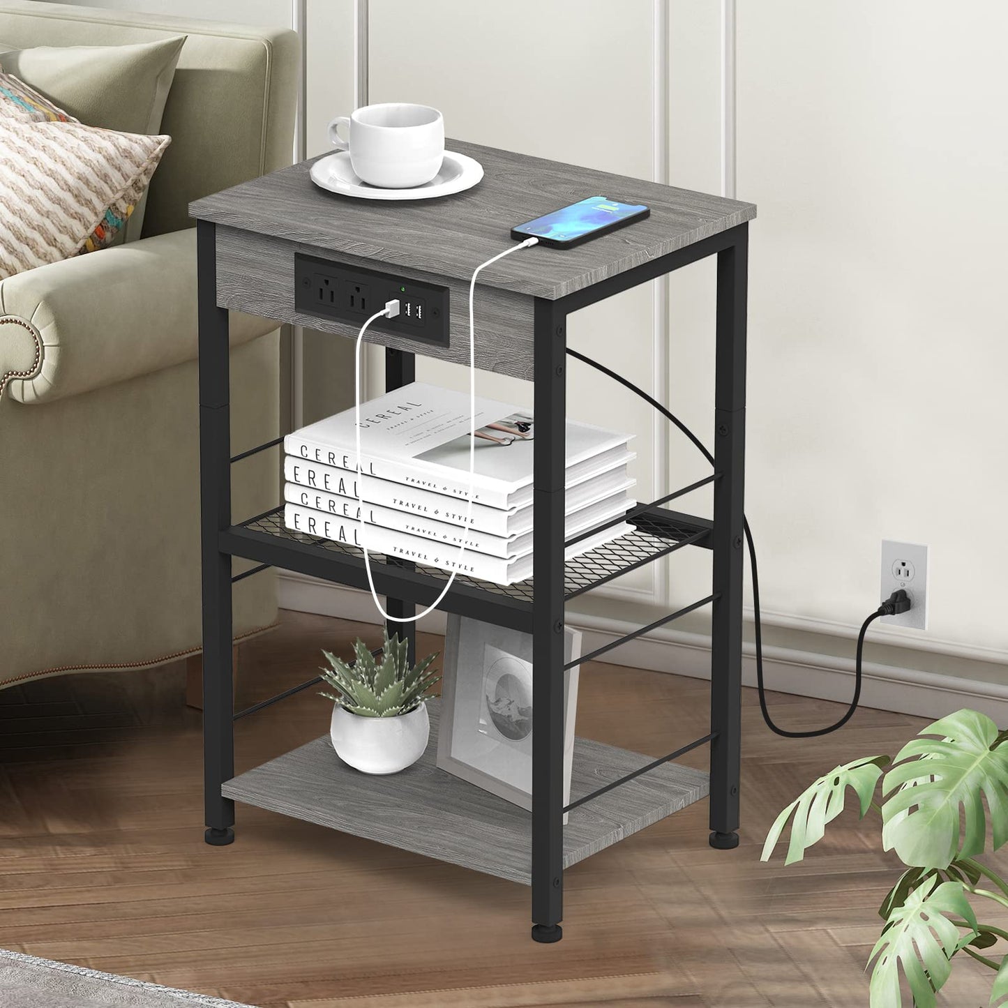 Nightstand with Charging Station End Table with USB Ports and Power Outlets Side Tables Bedroom with Storage Shelves Industrial End Table 3 Tier in Living Room Bedside, Brown