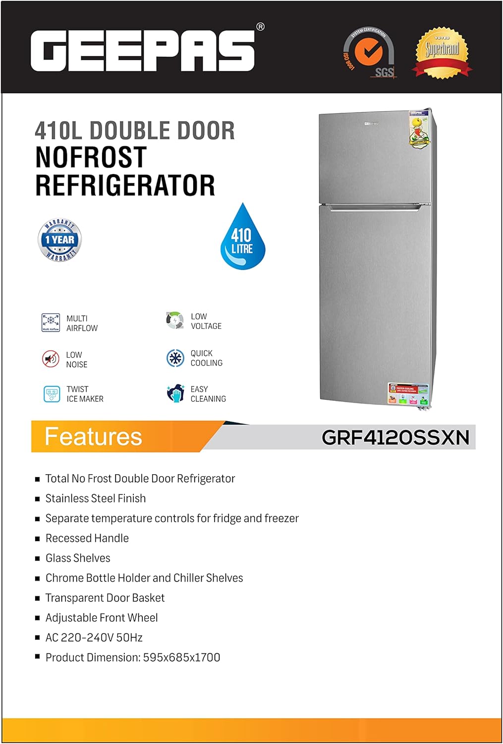 Geepas GRF4120SSXN 410L Double Door Refrigerator - Double Temperature Setting Feature, Quick Cooling & Long-lasting Freshness, Low Noise, Low Energy Consumption, Defrost Refrigerator | 1 Year Warranty