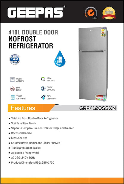 Geepas GRF4120SSXN 410L Double Door Refrigerator - Double Temperature Setting Feature, Quick Cooling & Long-lasting Freshness, Low Noise, Low Energy Consumption, Defrost Refrigerator | 1 Year Warranty