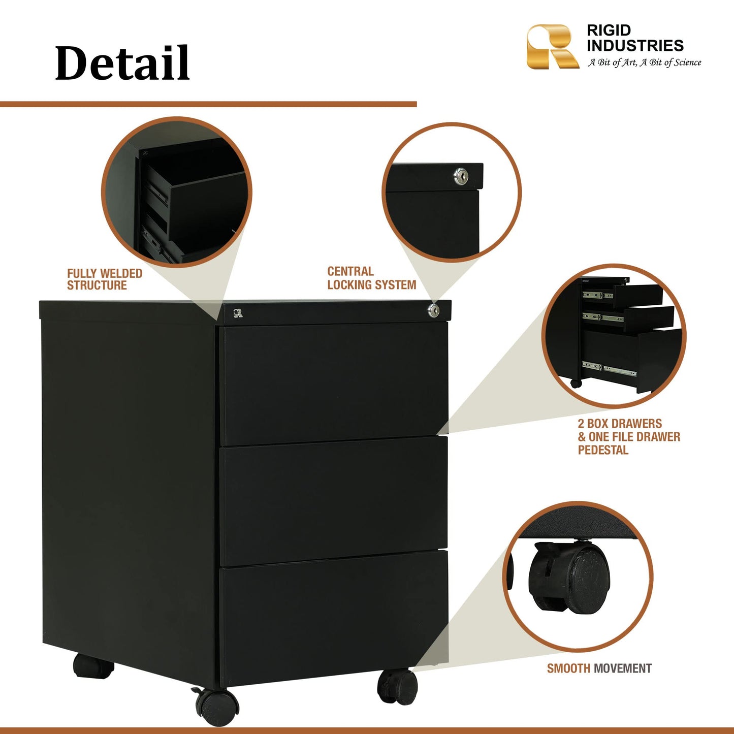 RIGID Steel Mobile Pedestal 2 Box Drawers & one file drawer pedestal Unit Modern & Sleek Office Furniture (Black)