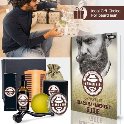 Beard Growth Kit for Men, Beard & Mustache Facial Hair Growth Roller Kit, Beard Growth Oil, Beard Balm, Beard Roller, Beard Comb,Storage Bag, Birthday Gifts for Fathers Dad Men with Free E-Book