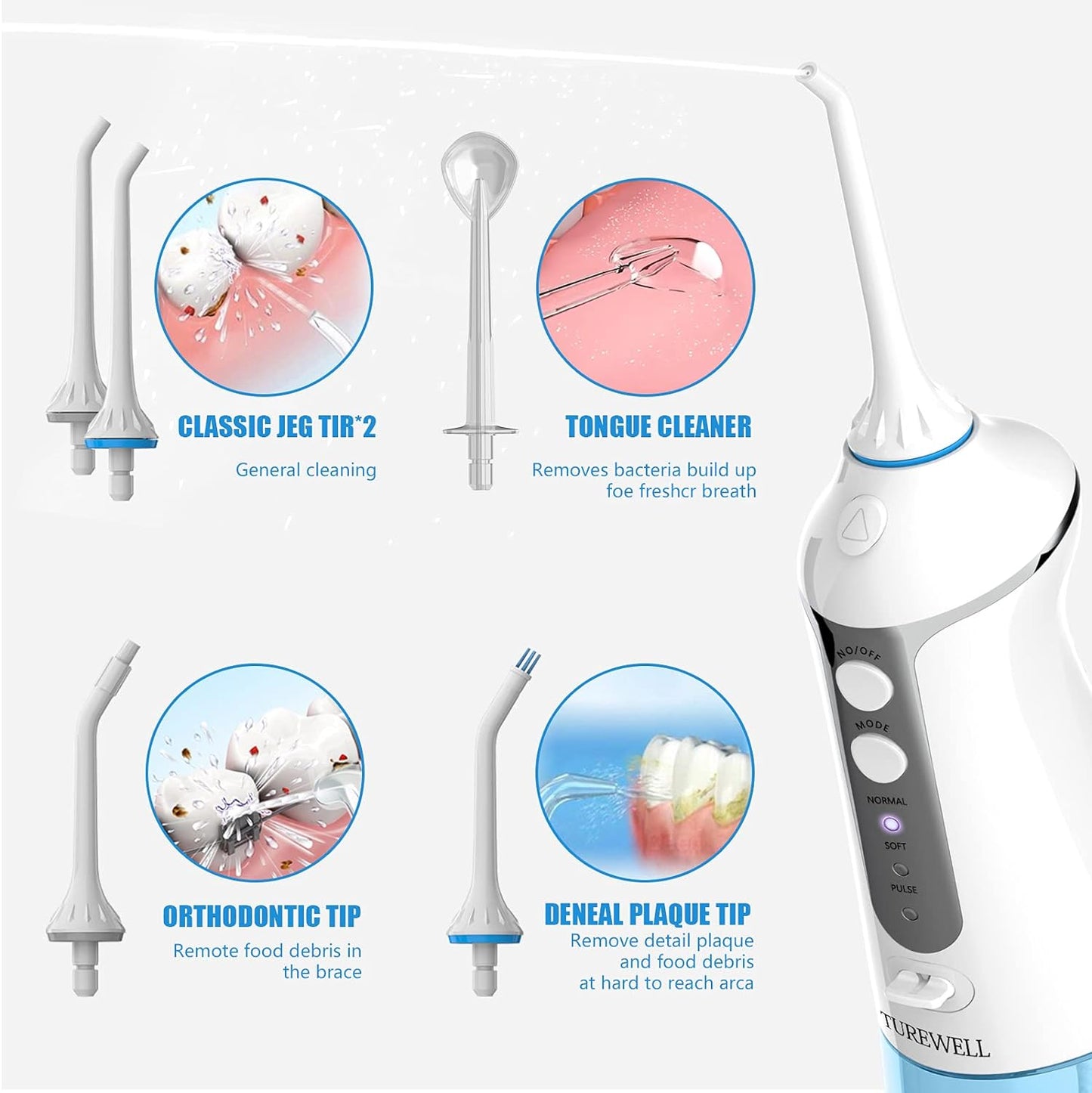 Water Flosser Cordless Dental Oral Irrigator - TUREWELL 300ML Portable and Rechargeable IPX7 Waterproof Teeth Cleaner, 2 Minutes Auto Shut-Off for Travel & Family Use