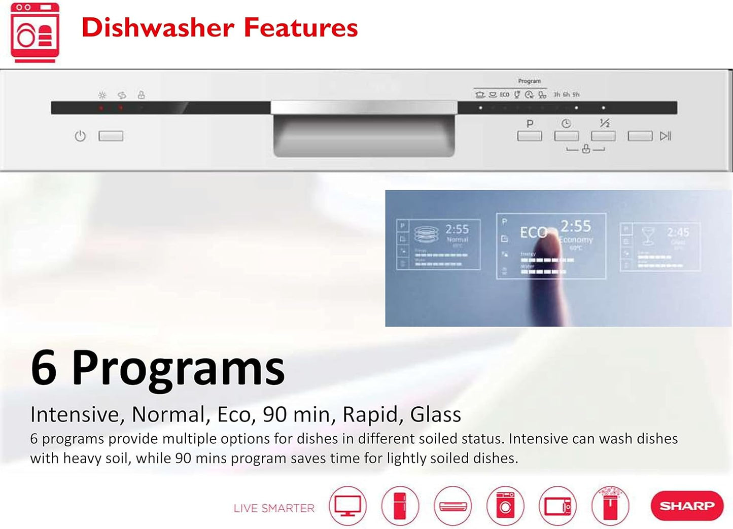 Sharp 12 Place Settings 6 Programs Free Standing Dishwasher, Steel - Qw-Mb612-Ss3 - 1Year Warranty.