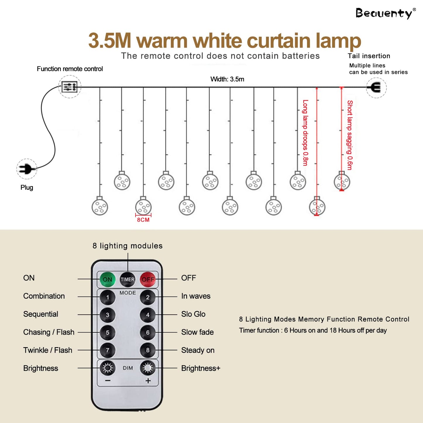 Beauenty Window Curtain String Light 300 LED 8 Modes USB Powered Waterproof Fairy String Lights Wedding Party Ramadan Home Garden Bedroom Outdoor Indoor Wall Christmas Decorations (Warm White)