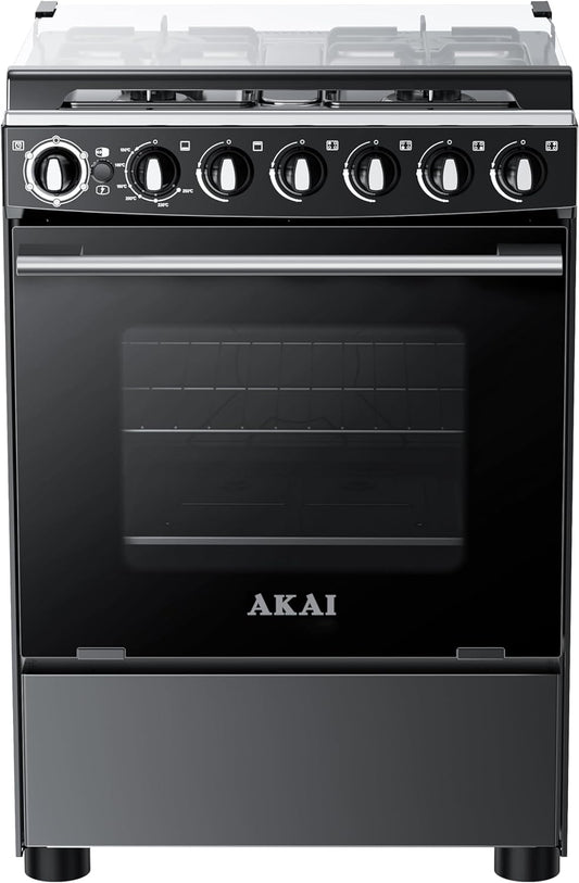 Akai Stainless Steel 4 Gas Burner Full Safety Freestanding Cooking Range (60X60 cm), Cast Iron Support, Double Glass Oven Door, Auto Ignition, Mechanical Timer Function, CRMA-M606BFS