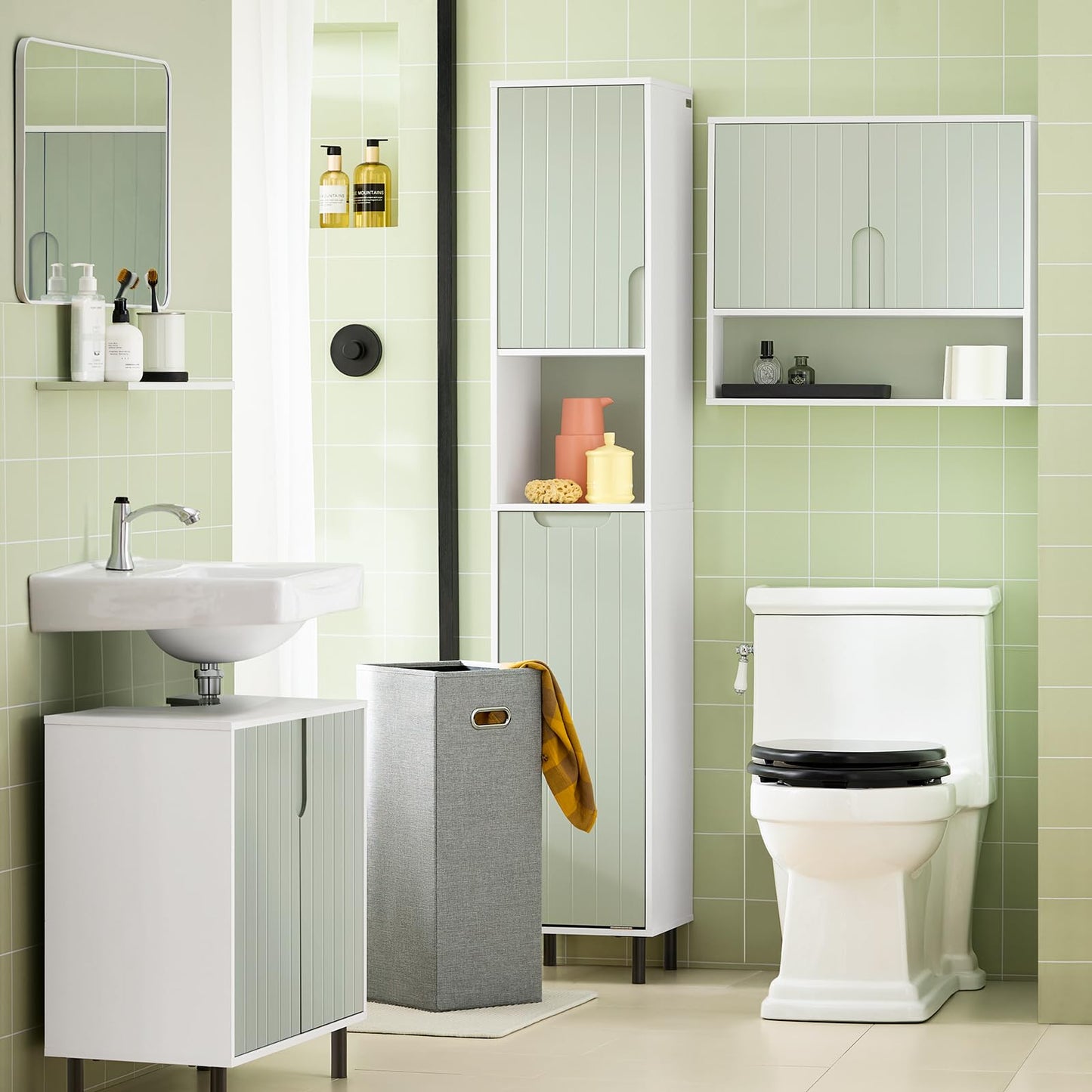 SoBuy (UAE STOCK) BZR137-GR Bathroom Tall Cabinet Bathroom Storage Cabinet with Laundry Basket White and Light Green W31 x D30 x H167cm (basin cabinet)