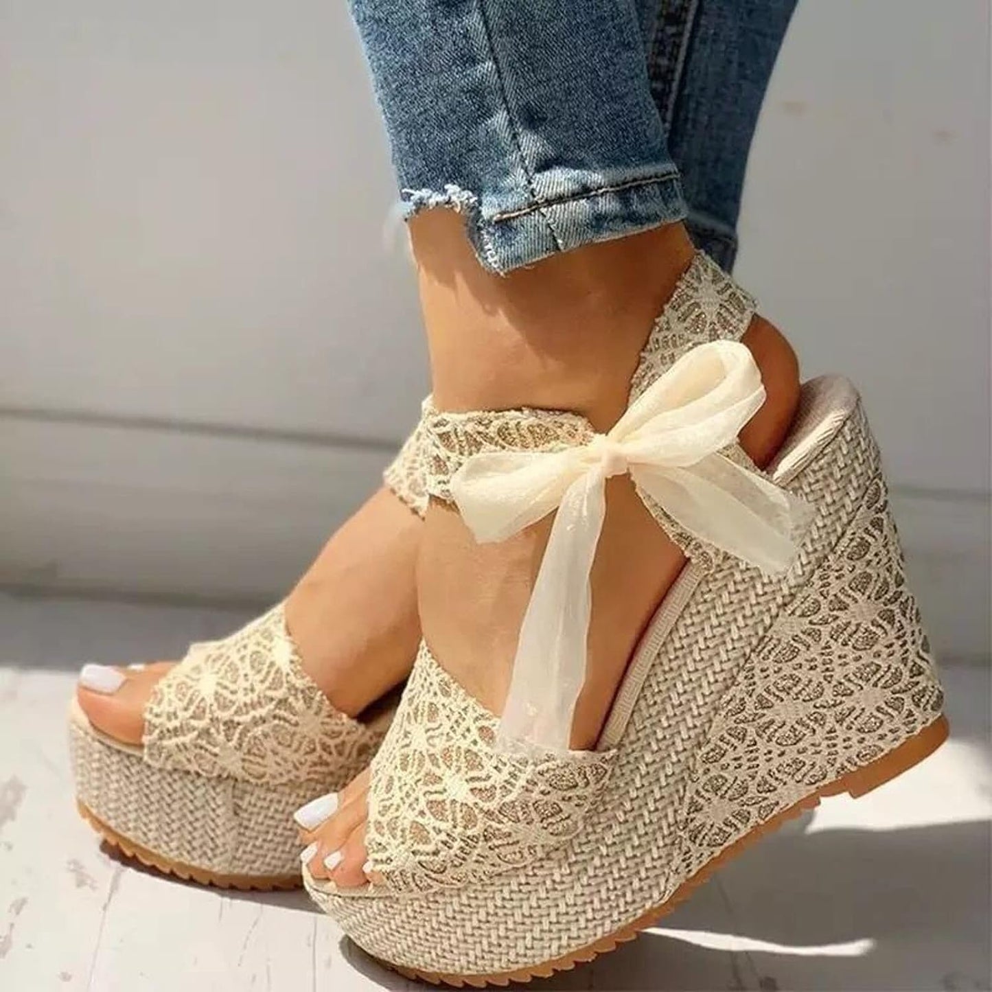 Womens Cloth Upper Platform Sandals,Women's Wedge Sandals,Womens Ladies High Wedge Heel Platform With Bow Summer Sandals,Ladies Leather Lined Slingback Wedge Sandals