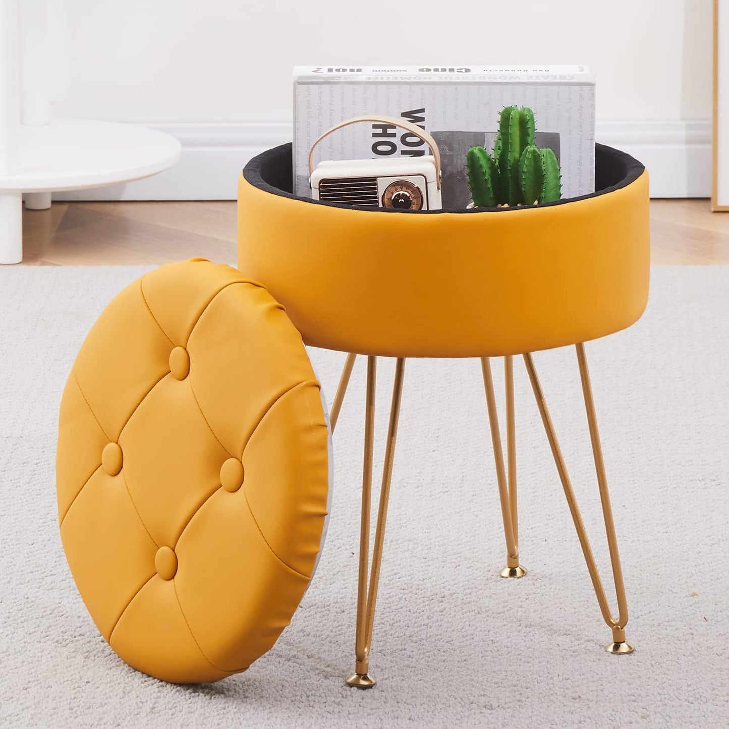 Cpintltr Faux Leather Storage Ottoman Round Footrest Stool Multifunctional Upholstered Ottoman with Metal Legs Modern Vanity Stools Tray Top Coffee Table Suitable for Living Room Bedroom Black