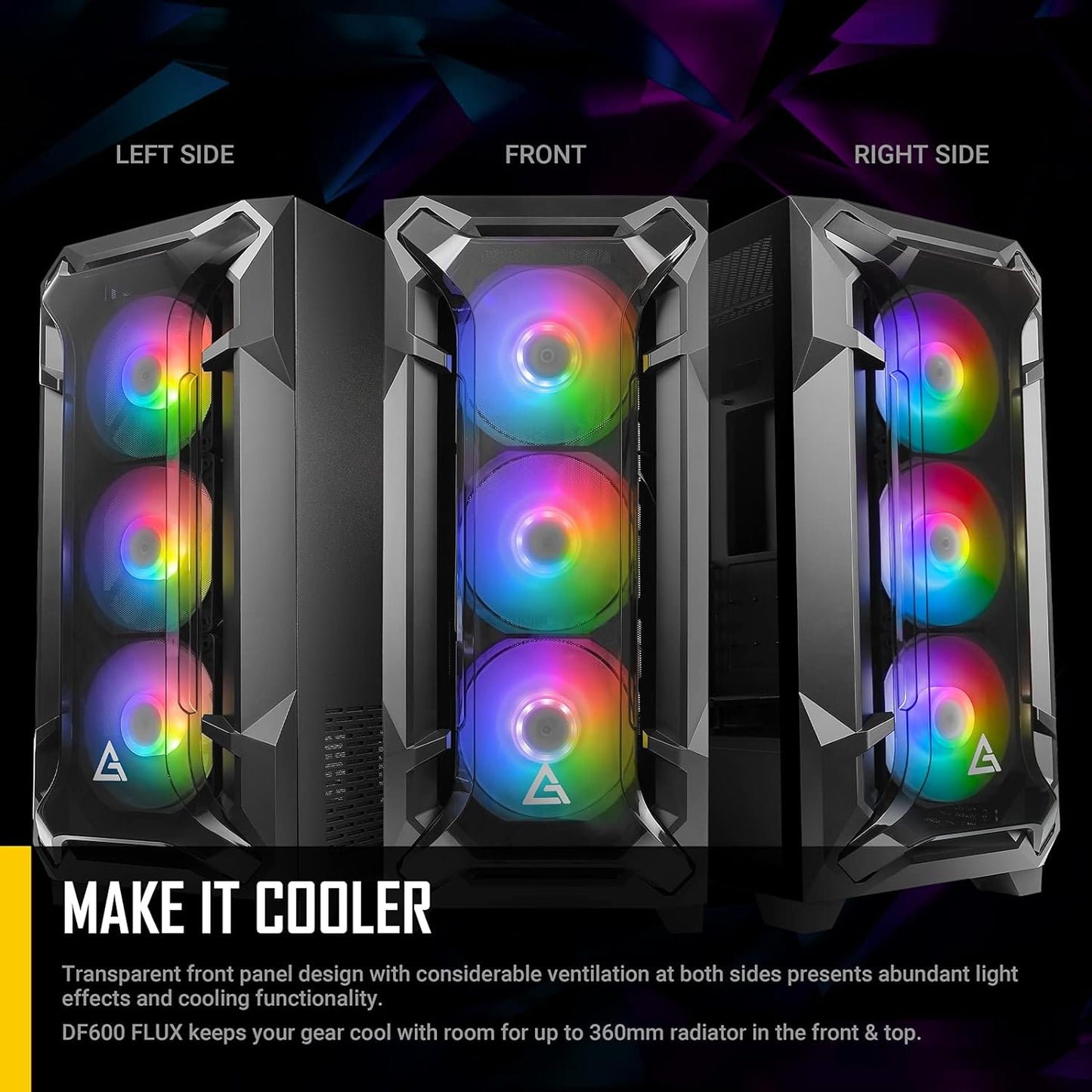 Antec Dark Phantom Dp502 Flux, Mid Tower Atx Gaming Case, Tempered Glass Side Panel, Swing Open Front Panel & Led Strips, F-Lux Platform, 3 X 120 Mm Argb, 1 X 120 Mm Reverse & 1 X 120 Mm Fans Included