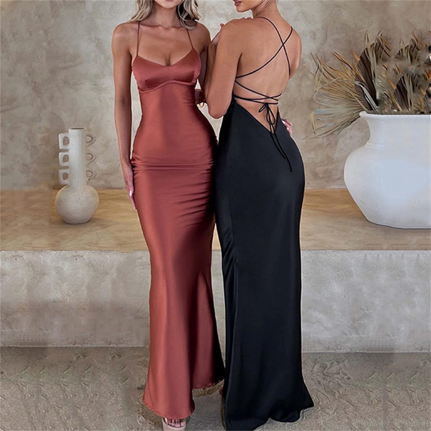 Women's Spaghetti Satin Strappy Backless Evening Party Dress, Sexy Cocktail Maxi Long Dress (Color : Black, Size : Medium)