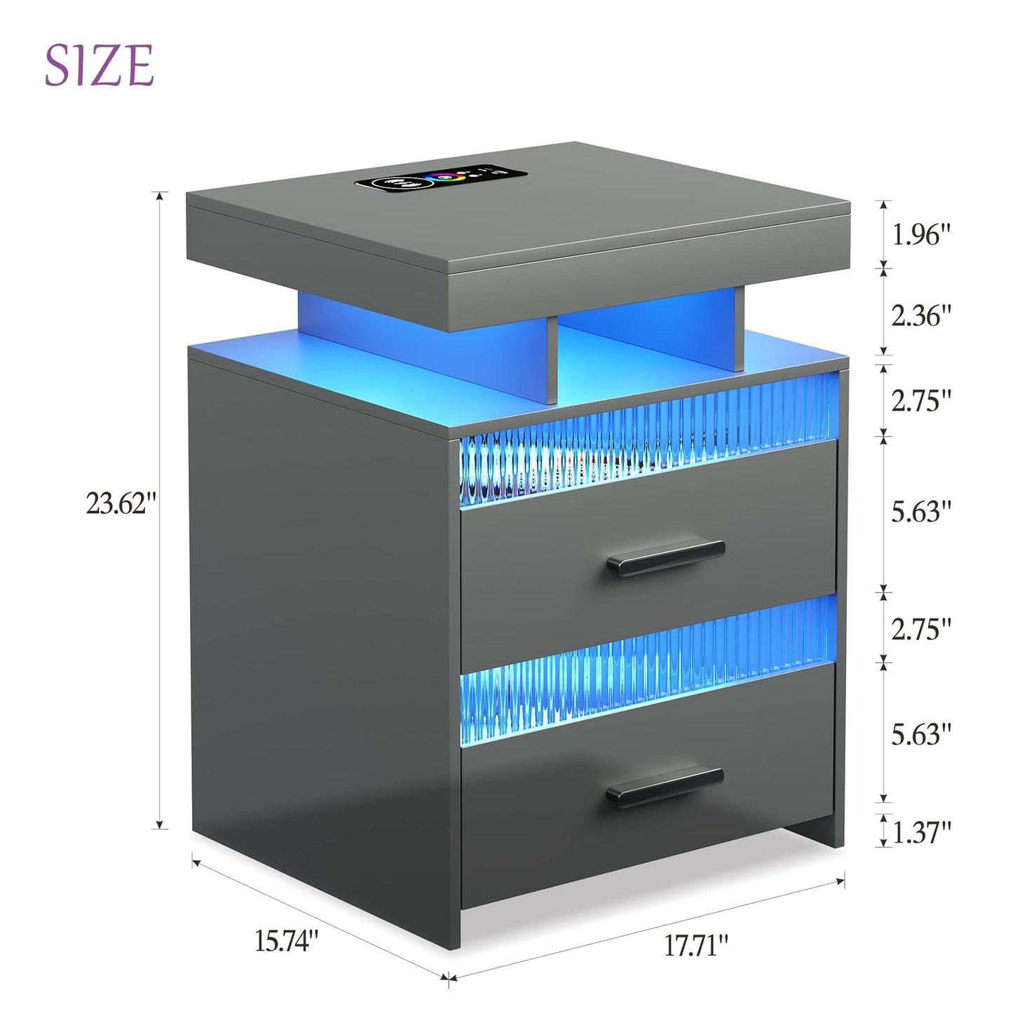 Dystler Grey Nightstand with Charging Station: LED Bedside Table with 2 Drawer & Open Storage Shelf Smart End Table with Human Sensor Light Modern Bedroom Furniture