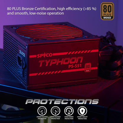 SPYCO Typhoon PS-551, Gaming PSU 550, 80 PLUS Bronze, Non Modular, Low Noise, ATX Power Supply Unit, Super Silent Fan, Teapo Capacitors, Compact Size, 5 Years Warranty - CaveHubs