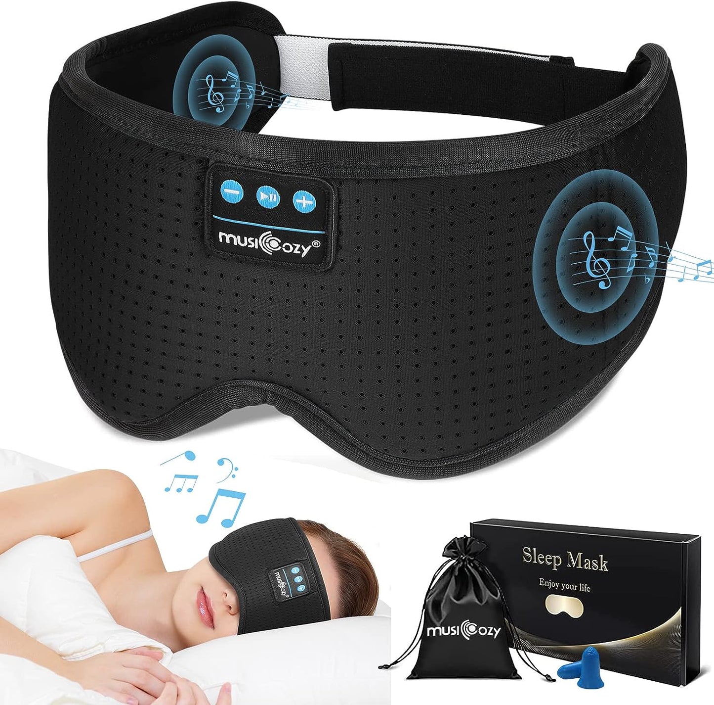 MUSICOZY Sleep Headphones Bluetooth Sleep Mask 3D Wireless Music Sleeping Headphones Headband Eye Mask Sleep Earbuds for Side Sleepers Mom Men Women with Speakers Cool Tech Gadgets Gifts