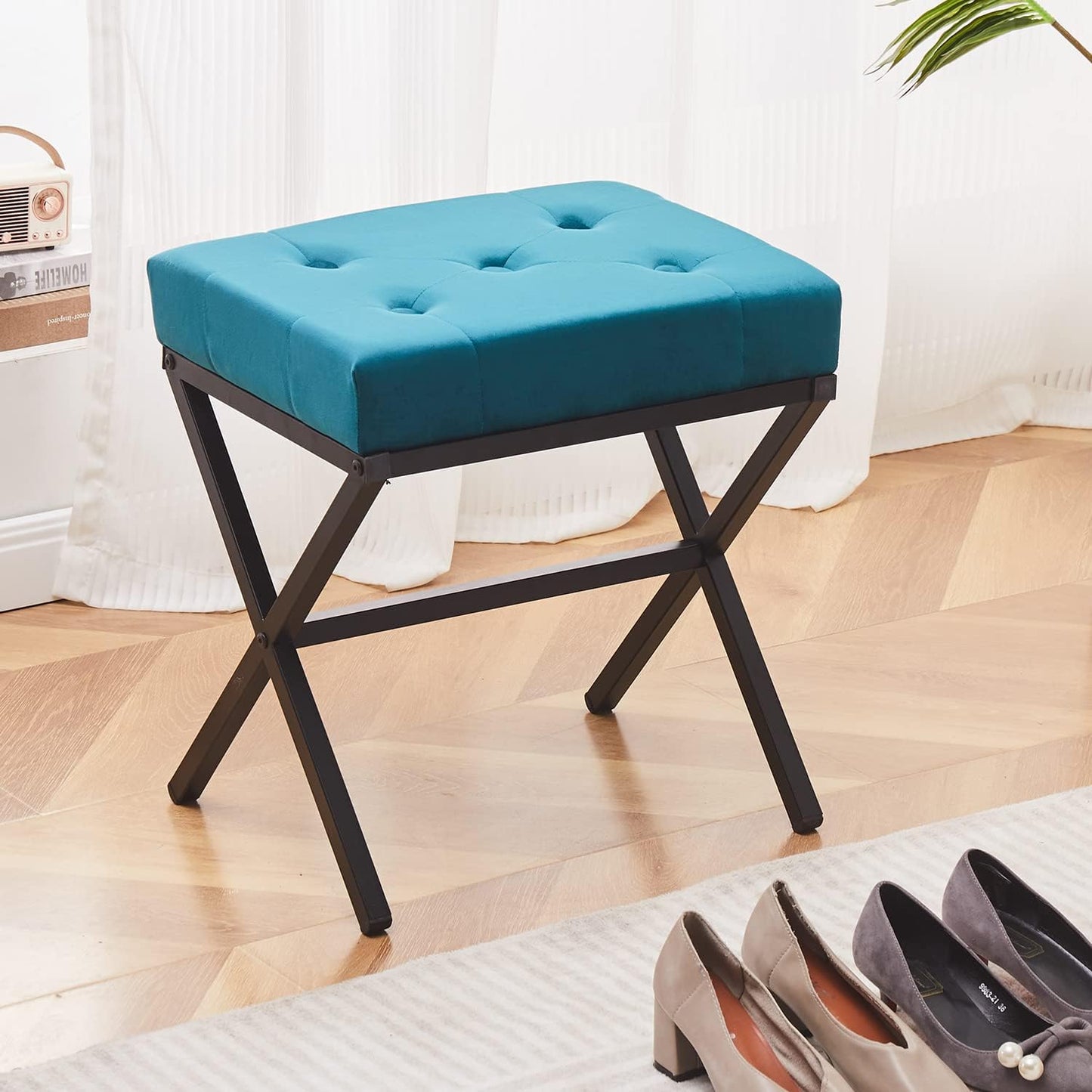 Cpintltr Ottoman Foot Stool Tufted Vanity Stool Ottomans Thickened Cushion Footstool Mulifunctional Shoe Changing Seat Step Stools with Metal X Leg for Living Room Bedroom Faux Leather Black