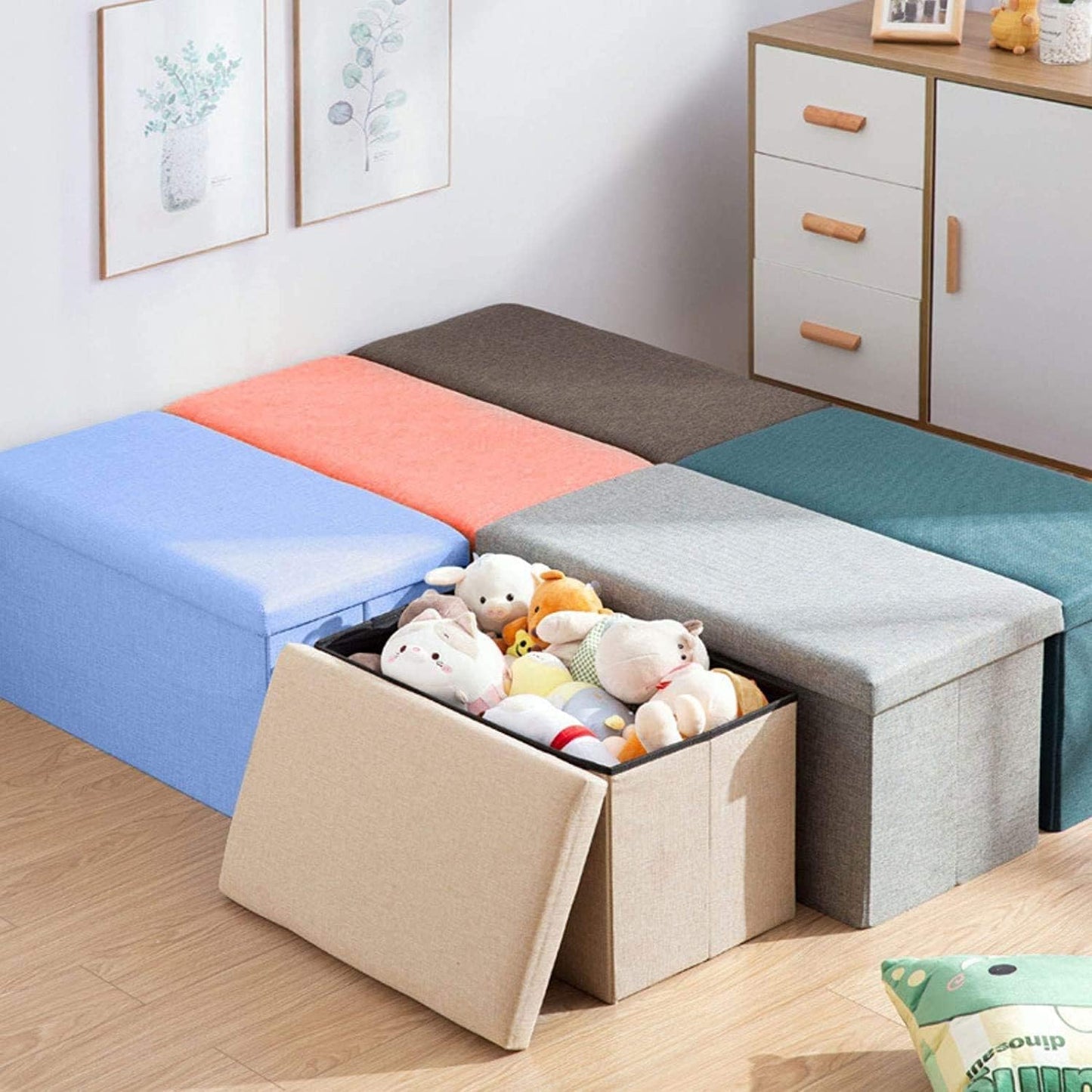 Forubar Foldable Storage Ottoman Bench, Storage Boxes Footrest Step Stool Cube, Padded Seat for Dorm Living Room with 80L Storage Space, Support 350lbs (Beige, 78 * 38 * 38 CM)