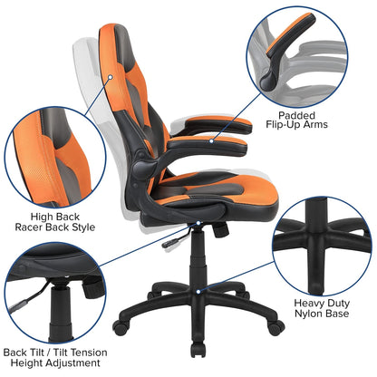 Flash Furniture X10 Gaming, Racing Office Ergonomic Computer PC Adjustable Swivel Chair with Flip-up Arms, Gray/Black LeatherSoft