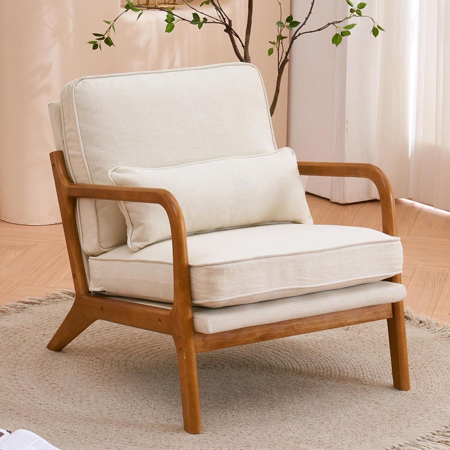 Anewome Mid Century Modern Accent Chair with Wood Frame Upholstered Lounge Linen Fabric Armchair Comfy Reading Leisure Chair with Cushion for Living Room Bedroom Balcony, Beige