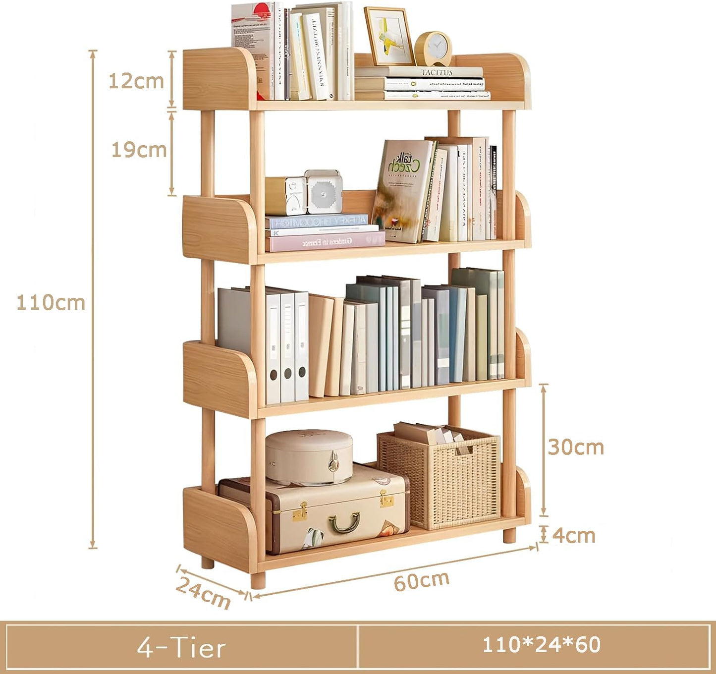 U-HOOME 4-Tier Open Bookshelf -Freestanding Bookcase,Book Shelf Book Rack,Wood Storage Shelves Display Stand with Top Edge and Solid Wood Frame for Living Room,Home Office,Storage Cabinet