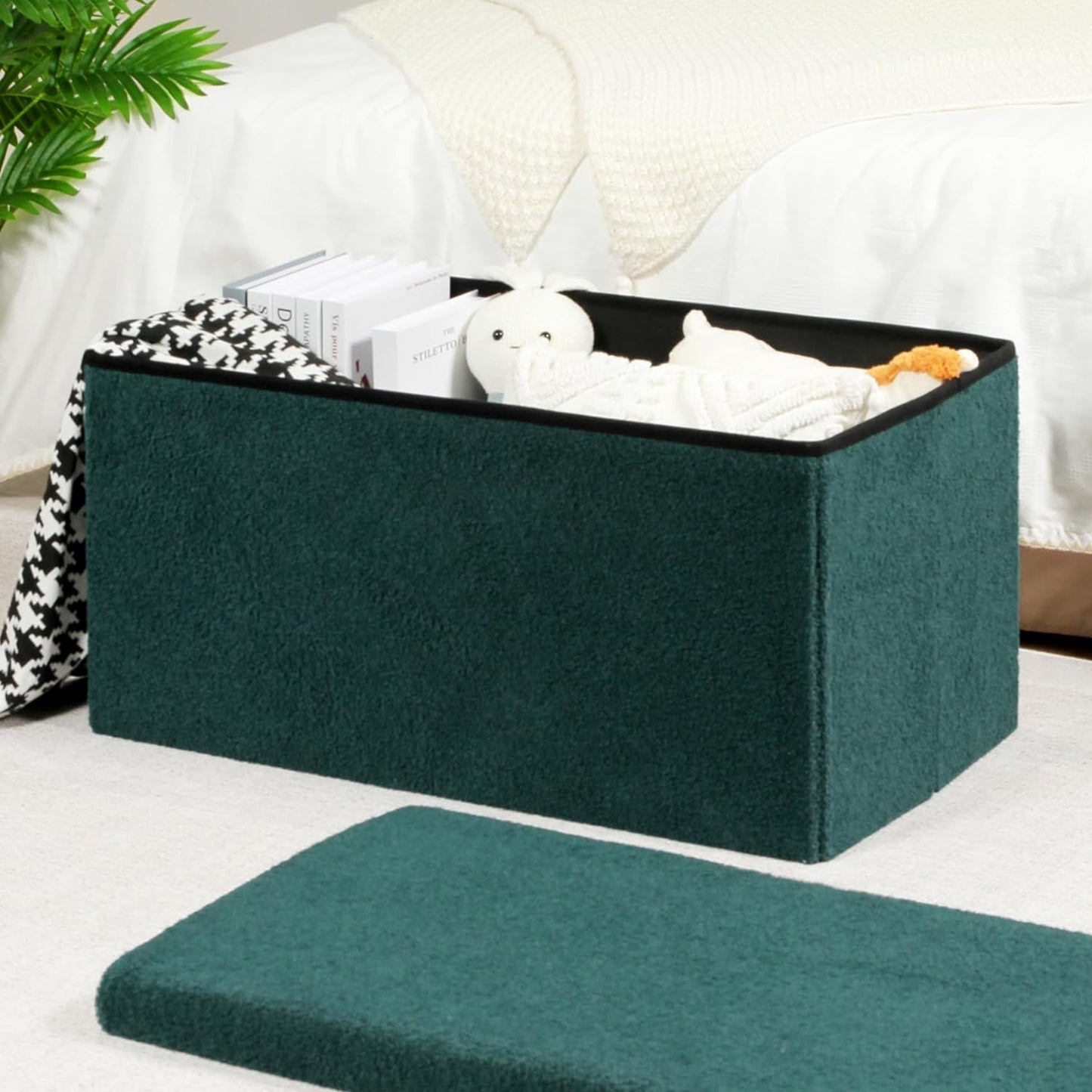 PINPLUS Storage Ottoman Foot Rest Stool, White Folding Sherpa Ottoman, Ottoman with Storage, Teddy Velvet Ottoman for Living Room, Bedroom, Dorm, 16.5" x 12.6" x 12.6"