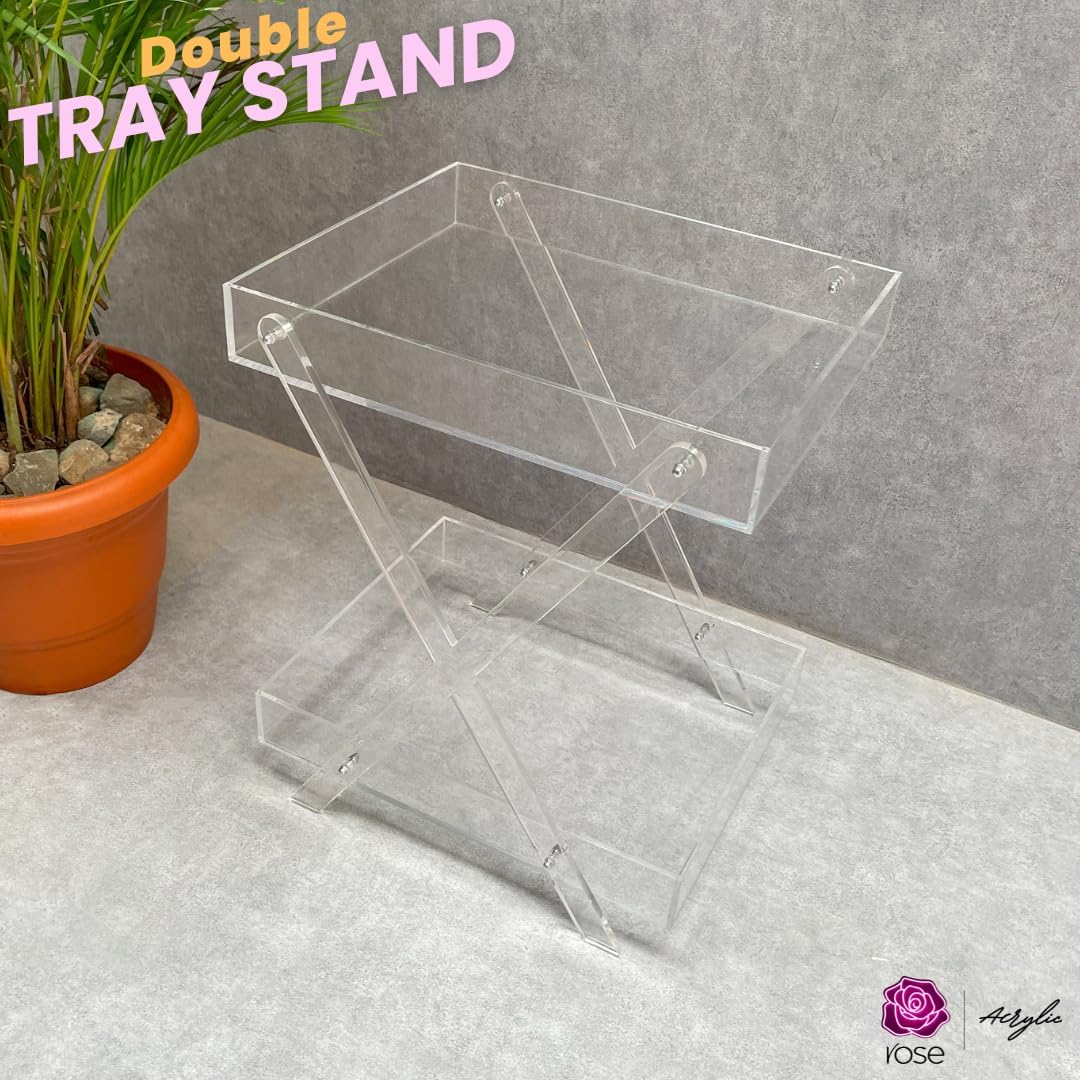 Rose Acrylic - 2-Tier Acrylic Folding Tray Table,Space Saving Side Table Modern Foldable Furniture,Snack Eating Tables for Living Room Bathroom Bedroom Office Balcony Kitchen