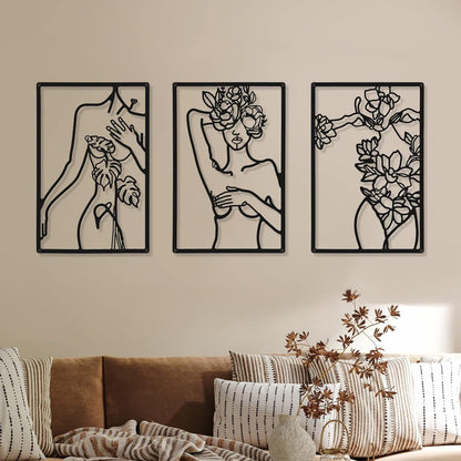 CHENGU 3 Pieces Metal Minimalist Abstract Woman Wall Art Line Drawing Wall Art Decor Single Line Female Home Hanging Wall Art Decor for Kitchen Bathroom Living Room (Black, Hand)