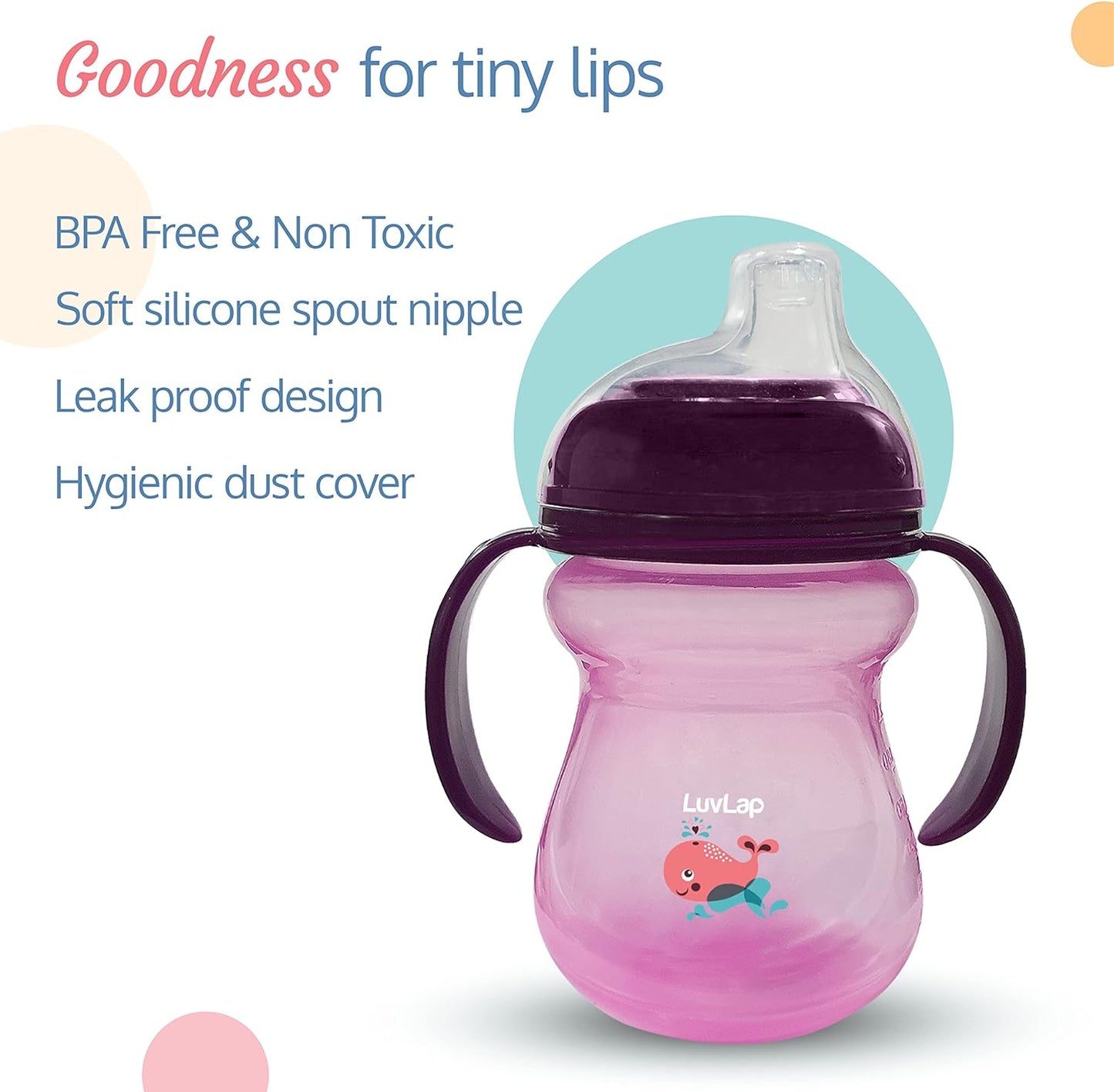 LuvLap Moby Little Spout Sipper for Infant/Toddler, 240ml, Anti-Spill Sippy Cup with Soft Silicone Spout BPA Free, 6m+ (Purple)