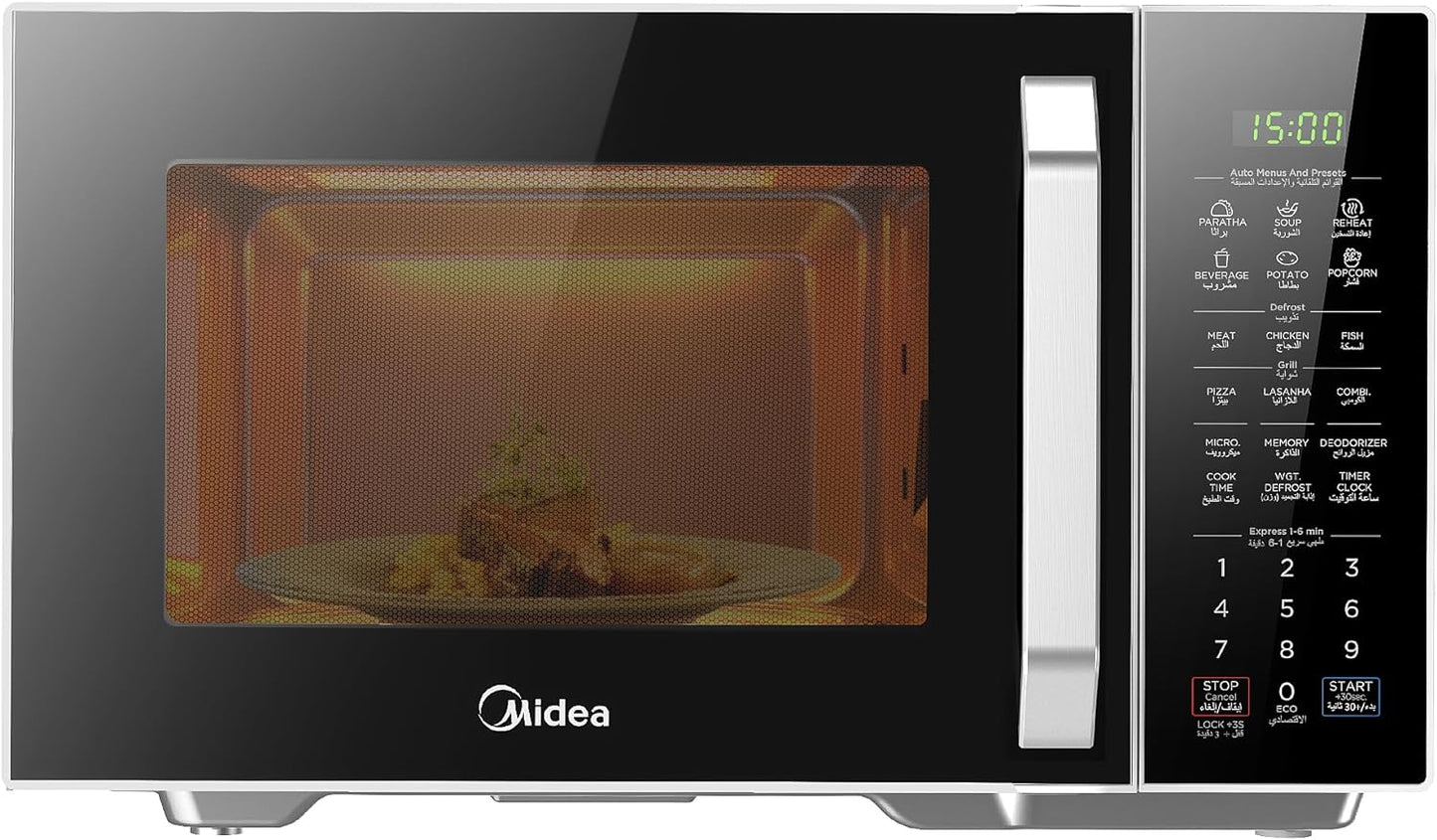 Midea 29L 2-in-1 Microwave Oven with Grill, Digital Touch Control, Child-Safety-Lock, 11 Pre-programmed Menus, LED Display, Grilling Roasting & Cooking Functions, Full Glass Finish - EG9P032MX